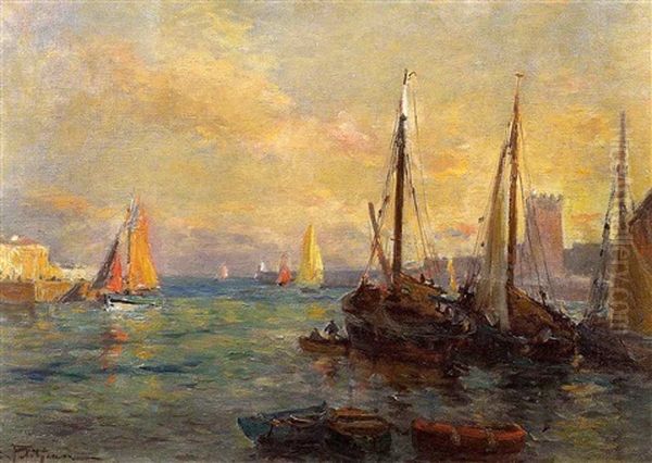 Bateaux De Peche Sortant Du Port De La Rochelle Oil Painting by Edmond Marie Petitjean