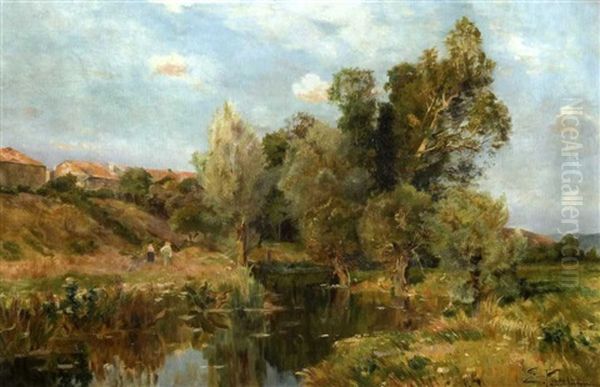 Village Au Dessus De La Riviere Dans Les Charentes by Edmond Marie Petitjean