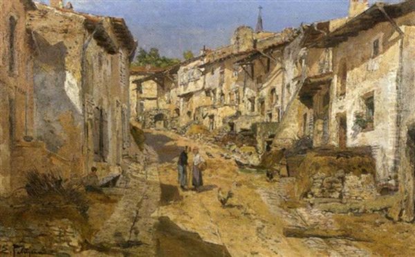 Rue De Village Lorrain Anime Oil Painting by Edmond Marie Petitjean