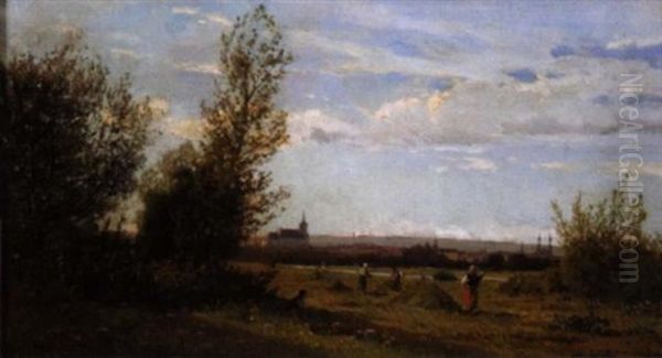 La Fenaison Oil Painting by Edmond Marie Petitjean