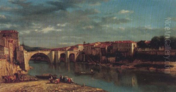 Italienische Stadt An Einem Fluss Mit Brucke Und Wascherinnen Oil Painting by Edmond Marie Petitjean