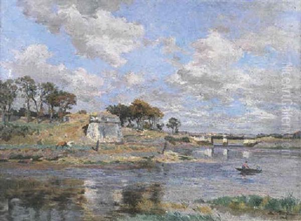 Punters In A River Landscape Oil Painting by Edmond Marie Petitjean