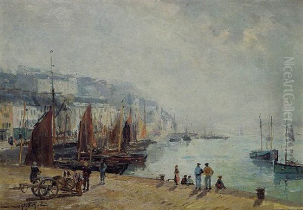 Vue D'un Port (audierne, Bretagne) Oil Painting by Edmond Marie Petitjean