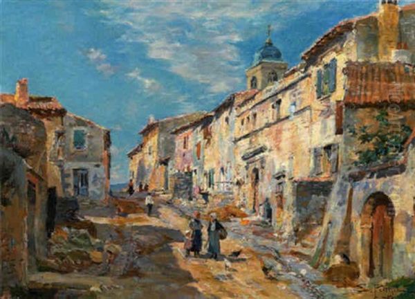 La Rue Du Village Ensoleille by Edmond Marie Petitjean