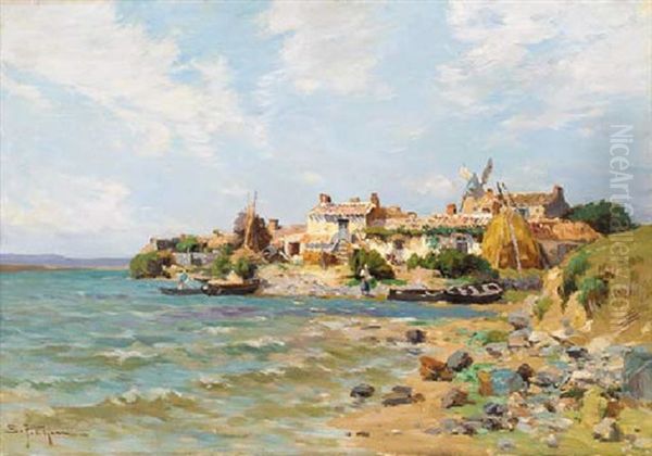 A Coastal Village, Low Tide by Edmond Marie Petitjean