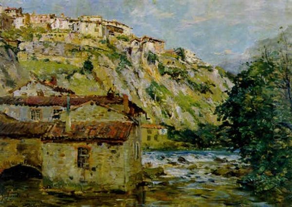 Le Village Au Bord De L'eau Oil Painting by Edmond Marie Petitjean