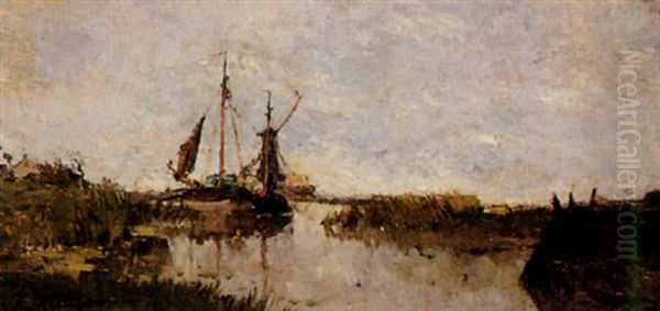 Paysage De Hollande, Barques A Flots Oil Painting by Edmond Marie Petitjean