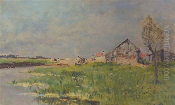 Maison Au Bord De L'etang Oil Painting by Edmond Marie Petitjean