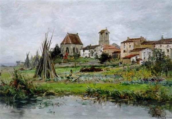 A Riverside Village Oil Painting by Edmond Marie Petitjean