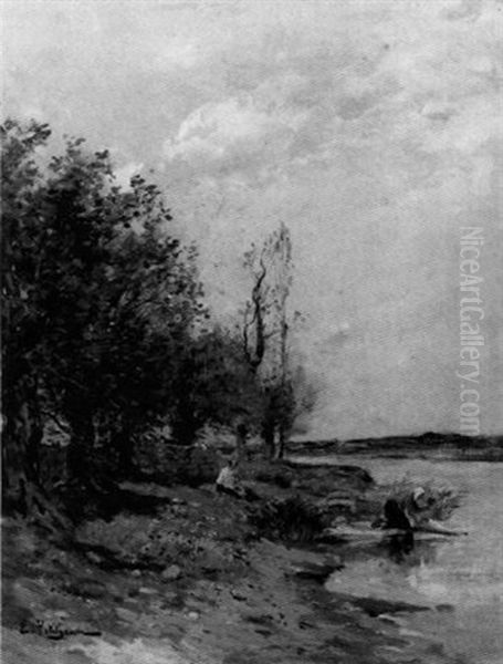 Lavandieres Au Bord De L'eau Oil Painting by Edmond Marie Petitjean