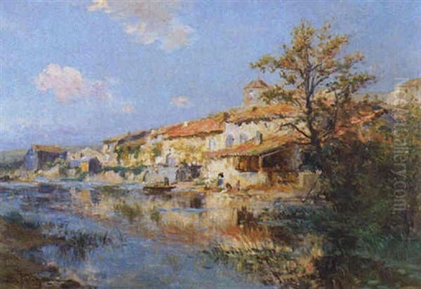 Village Et Lavandieres, Gondrecourt Oil Painting by Edmond Marie Petitjean