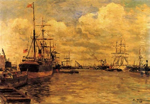 L'entree Du Port Oil Painting by Edmond Marie Petitjean