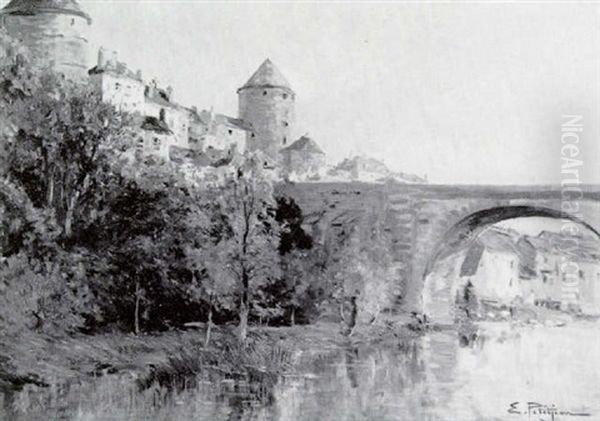 Pont D'une Ville Fortifiee Oil Painting by Edmond Marie Petitjean