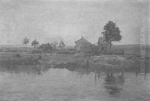 Farmhouse By The River Oil Painting by Edmond Marie Petitjean