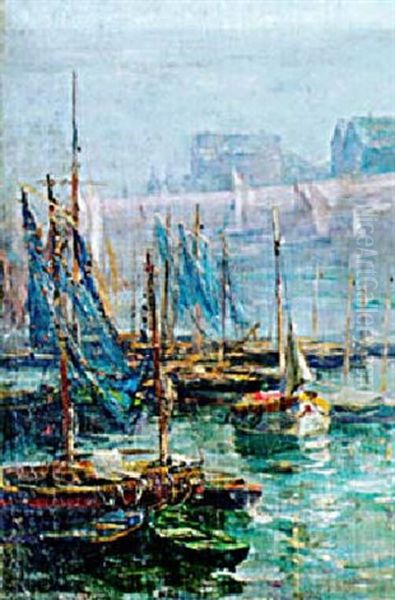 Barques Sardinieres Au Port En Bretagne Oil Painting by Edmond Marie Petitjean