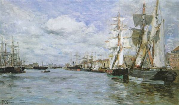 View Of The Harbour Of Bordeaux Oil Painting by Edmond Marie Petitjean