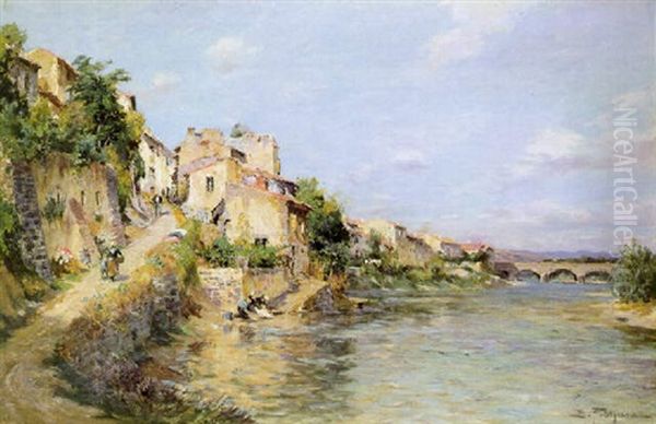 Les Lavandieres Au Bord De La Riviere Oil Painting by Edmond Marie Petitjean