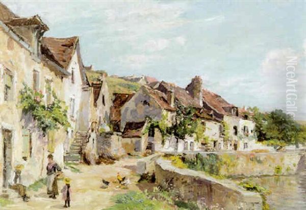 Village Anime Au Cours De L'eau Oil Painting by Edmond Marie Petitjean