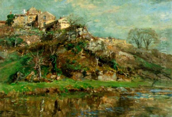 Village On A Hill Oil Painting by Edmond Marie Petitjean