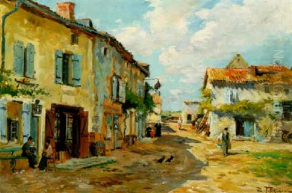 A Village Scene Oil Painting by Edmond Marie Petitjean