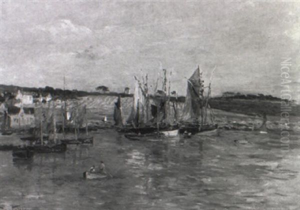 Fishing Boats Moored Along A Coast Oil Painting by Edmond Marie Petitjean