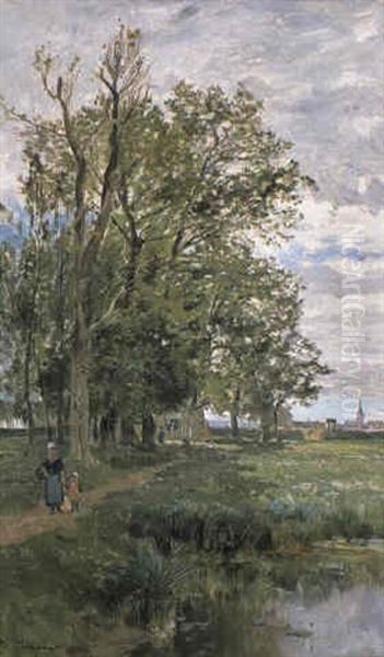 Le Chemin Au Bord De L'etang Oil Painting by Edmond Marie Petitjean