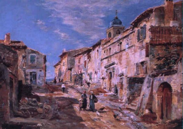 La Rue Du Village Ensoleille Oil Painting by Edmond Marie Petitjean