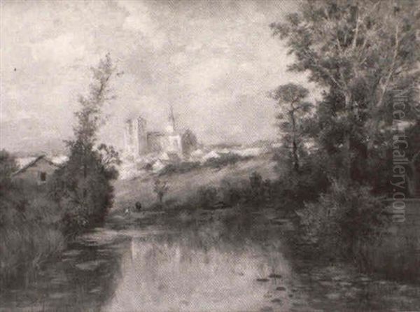 Village Au Bord De La Riviere Oil Painting by Edmond Marie Petitjean