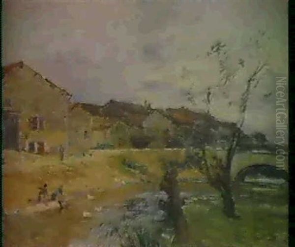 Village Au Bord De Riviere Oil Painting by Edmond Marie Petitjean