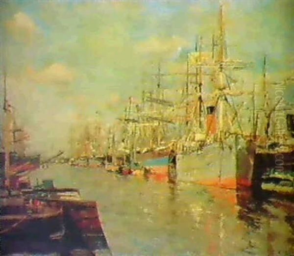 Bateaux Dans Un Port Oil Painting by Edmond Marie Petitjean