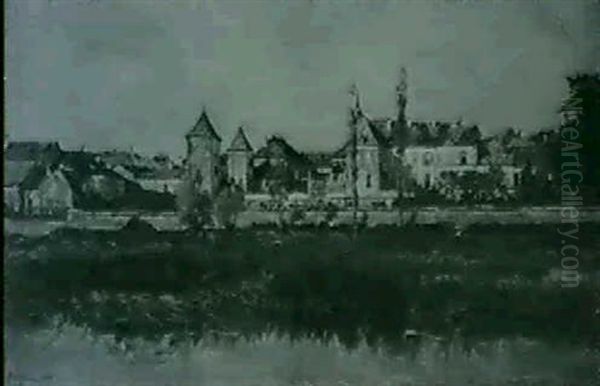 Le Chateau Et Le Village D'autigny Sur Meuse Oil Painting by Edmond Marie Petitjean