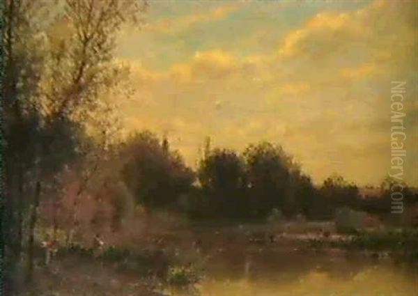 Peche Au Bord De L'etang Oil Painting by Edmond Marie Petitjean