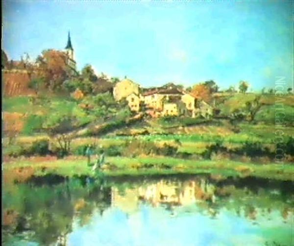 Village Au Bord De La Riviere Oil Painting by Edmond Marie Petitjean