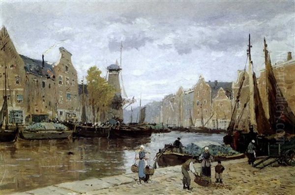 A Harbour Scene Oil Painting by Edmond Marie Petitjean