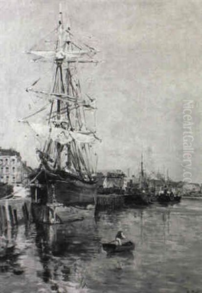 Le Trois-mats Au Port; Le Havre Oil Painting by Edmond Marie Petitjean