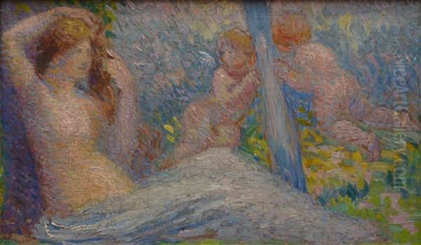 Baigneuse Et Deux Amours Oil Painting by Hippolyte Petitjean