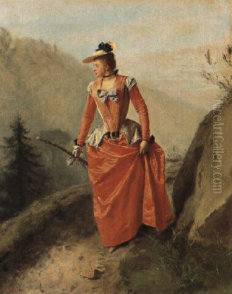 Dame Mit Rotem Kleid Auf Einem Gebirgspfad by Hippolyte Petitjean