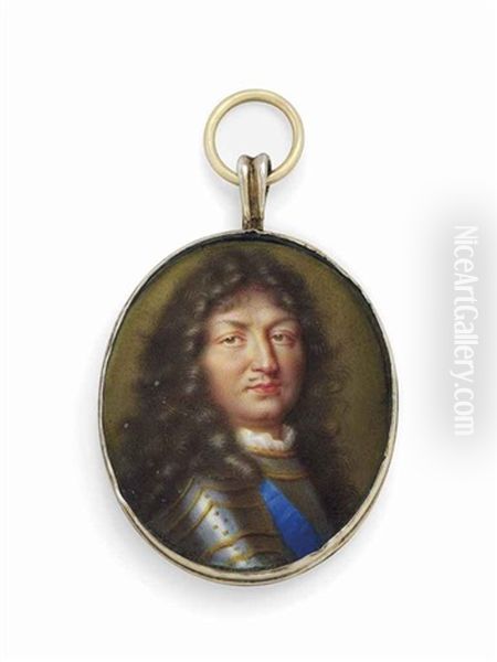 Louis Xiv (1638-1715), King Of France, In Gilt-bordered Silver Armour, Wearing The Blue Moire Sash Of The Royal French Order Of The Saint Esprit Oil Painting by Jean Petitot the Elder