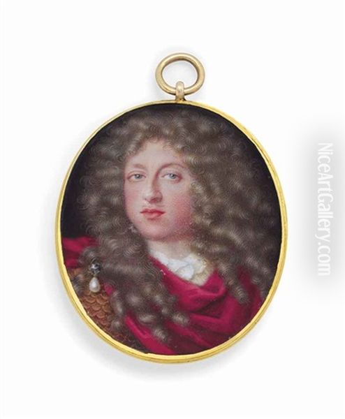 A Young Gentleman, In Gold Scaled Armour, Red Cloak Fastened With Pearl Pendant, White Shirt, Long Curling Brown Hair Oil Painting by Jean Petitot the Elder