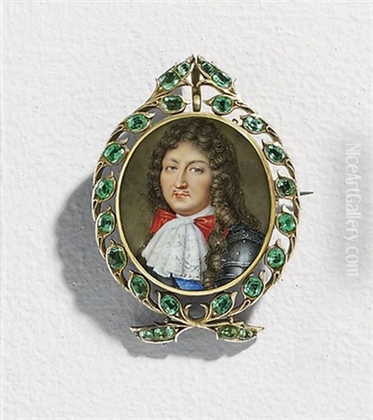 King Louis Xiv Of France, In Plate Armour With Fine White Venetian Lace Cravat, Red Bow, Wearing The Blue Moire Sash Of The Royal French Order Of Holy Ghost Oil Painting by Jean Petitot the Elder