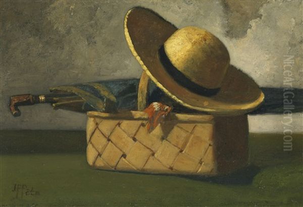 Still Life With Market Basket, Hat And Umbrella Oil Painting by John Frederick Peto