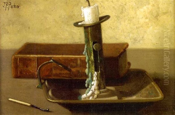 Still Life With Candlestick, Book And Match Oil Painting by John Frederick Peto