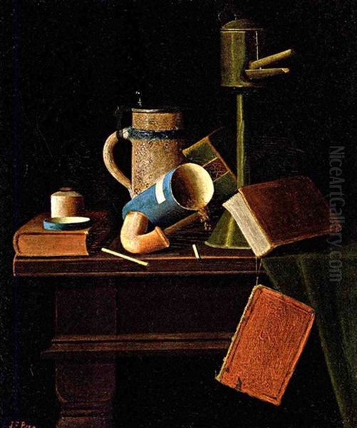 Still Life With Mug, Pipe And Books Oil Painting by John Frederick Peto