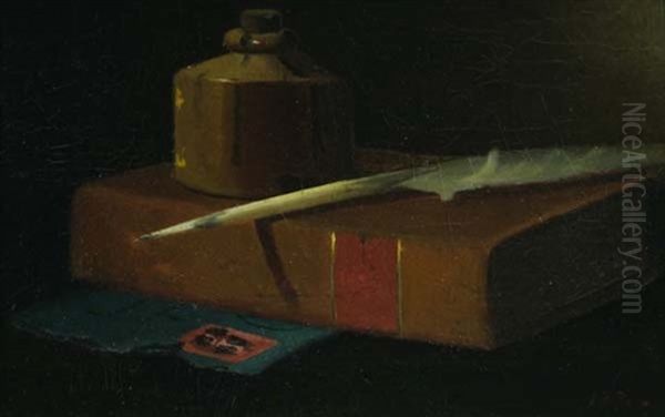 Still Life With Inkwell, Book And Quill Oil Painting by John Frederick Peto