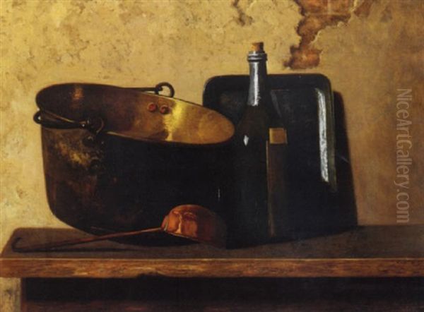 Hommage Au Chardin (wine And Brass Stewing Kettle: Preparation For A French Potage) Oil Painting by John Frederick Peto