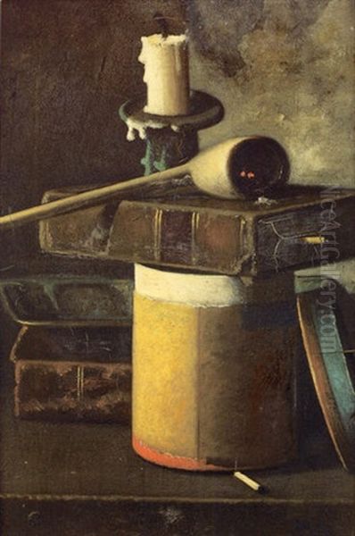 Still Life Of Books, A Candlestick, A Pipe And A Canister Oil Painting by John Frederick Peto