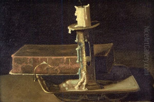 Still Life With A Brass Candlestick And A Book Oil Painting by John Frederick Peto