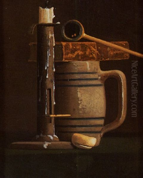 Still Life Of A Candlestick, Biscuit, Pipe, Book And Jug Oil Painting by John Frederick Peto