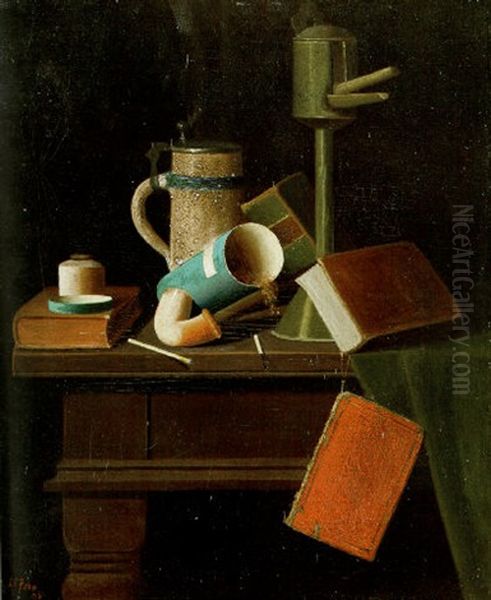 Still Life With Mug, Pipe And Books Oil Painting by John Frederick Peto