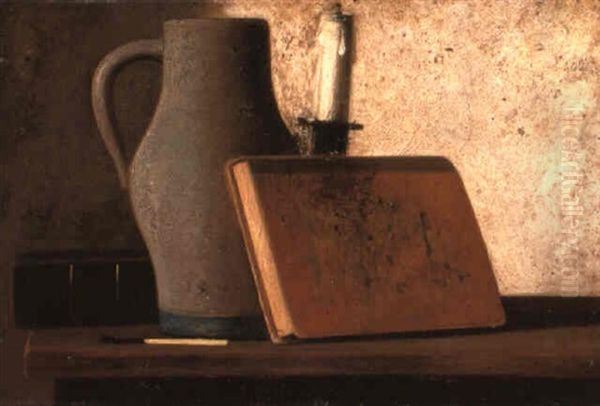 Still Life With Pitcher, Candlestick, Books And Match Oil Painting by John Frederick Peto